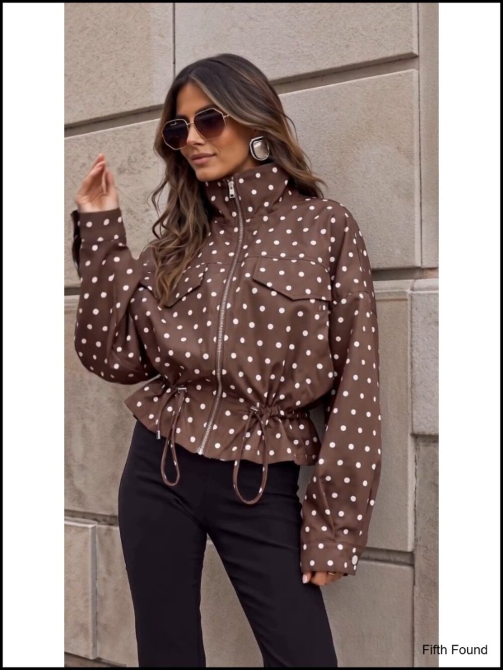 Zip Up Casual Jacket Polka Dot Drawstring Oversized Long Sleeve Fall Coat - Picture 5 of 5